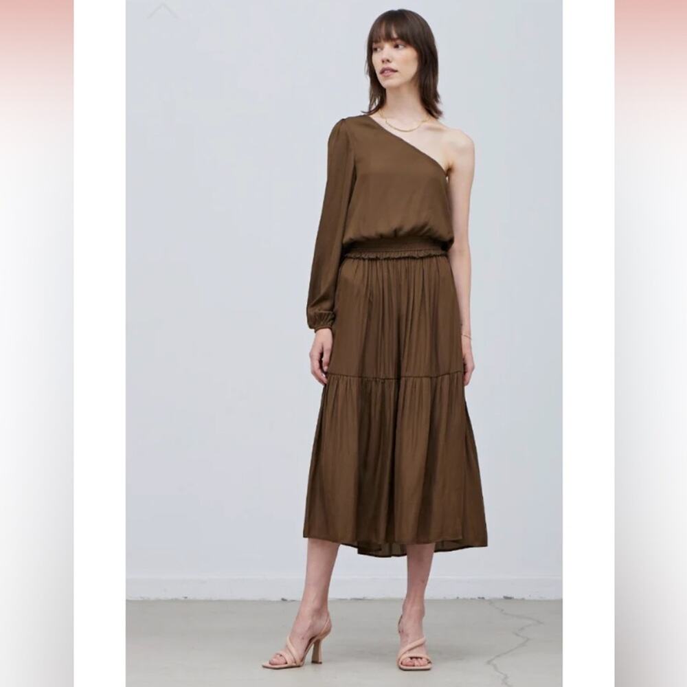 Anthropologie Grade and Gather Starla one shoulder dress brown satin neutral